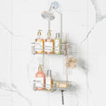 SWTYMIKI Bathroom Shower Caddy Hanging - Extended Length 2 Tier Rustproof Over Shower Head Organizer, No Drilling Bathroom Shelf with 14 Hooks & Soap Holder, Anti-Swing Rack, Sand Nickel