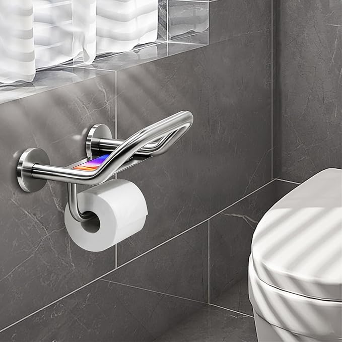 Grab Bar Toilet Paper Holder Combo, 3-in-1 Bathroom Grab Bar with Paper Holder and Phone Shelf, 304 Stainless Steel Safety Bars, Toilet Paper Assist Bars, Toilet Grab Bar for Seniors, Wall Mount