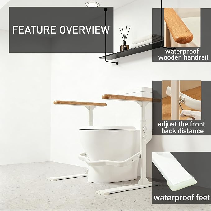 Toilet Safety Rails for Seniors - Toilet Safety Frame with Nighttime Reflective Armrests & Base, 3-Speed Height Adjustment, Toilet Support Frame Fits Most Toilets (Wood Color)
