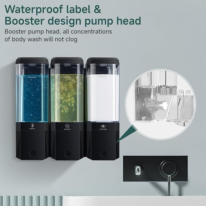 Shampoo and Conditioner Dispenser 3 Chamber No Drill Shampoo Dispenser for Shower Wall Mounted Shower Soap Dispenser 3 * 500ml Refillable Shower Dispenser for Bathroom Hotel(Black 3 Chamber)