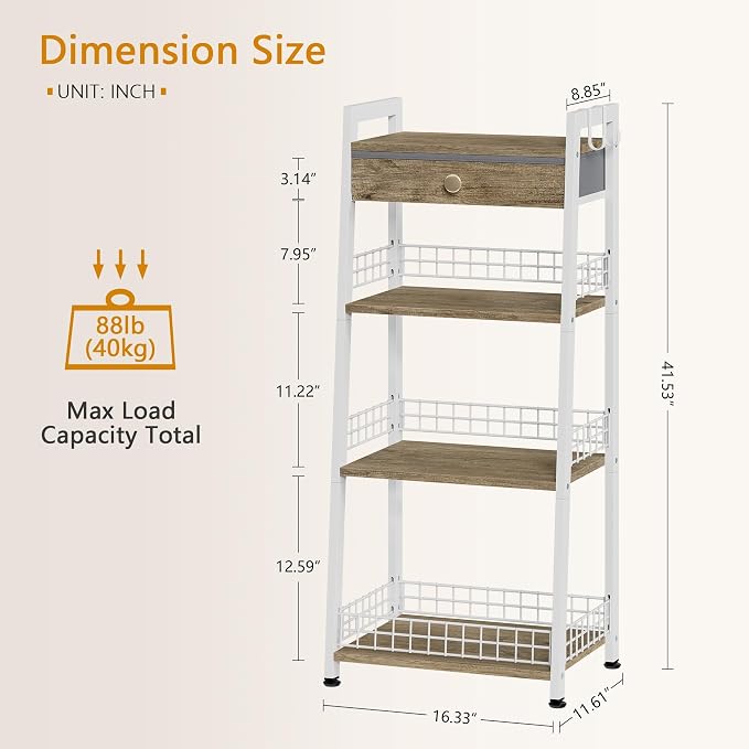 Gewudraw 4-Tier Ladder Shelf with Drawer, Bathroom Table Stand for Small Space, Standing Bathroom Shelves with Storage for Living Room Kitchen Bedroom, Organizer Shelf, White