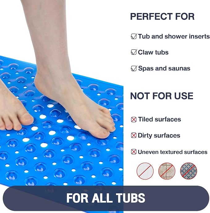 Extra Long Bathtub Mat Non Slip, Clear Navy Blue Soft Bath Mat for Tub 40 x 16 Inch Full Size, Long Shower Mats for Bathroom Floor, Big Suction Cups and Drain Holes, Easy Washable, BPA Free