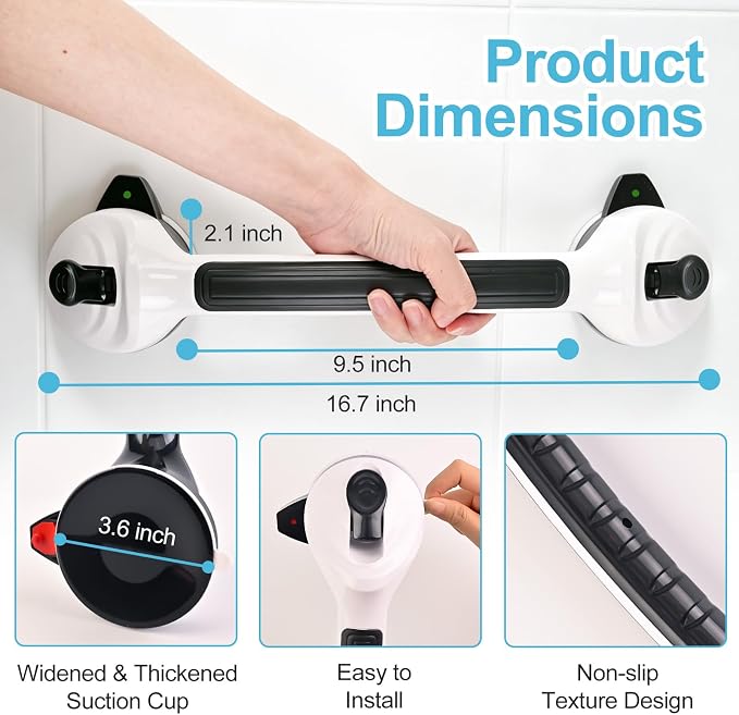 Suction Grab Bars for Shower Bathtub | 16.8 Inch Heavy Duty Safety Suction Shower Handles for Elderly Seniors, No Drill Removable Bathroom Mobility Handrails 2 Pack