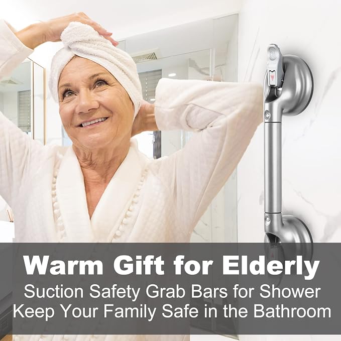 Heavy Duty Suction Shower Grab Bar - Toilet Bathroom Bathtub Safety - Shower Handles, Suction Cup Power Up to 250 LB, Perfect for Elderly Seniors(17 Inch, Gray Silver), Gray Silver