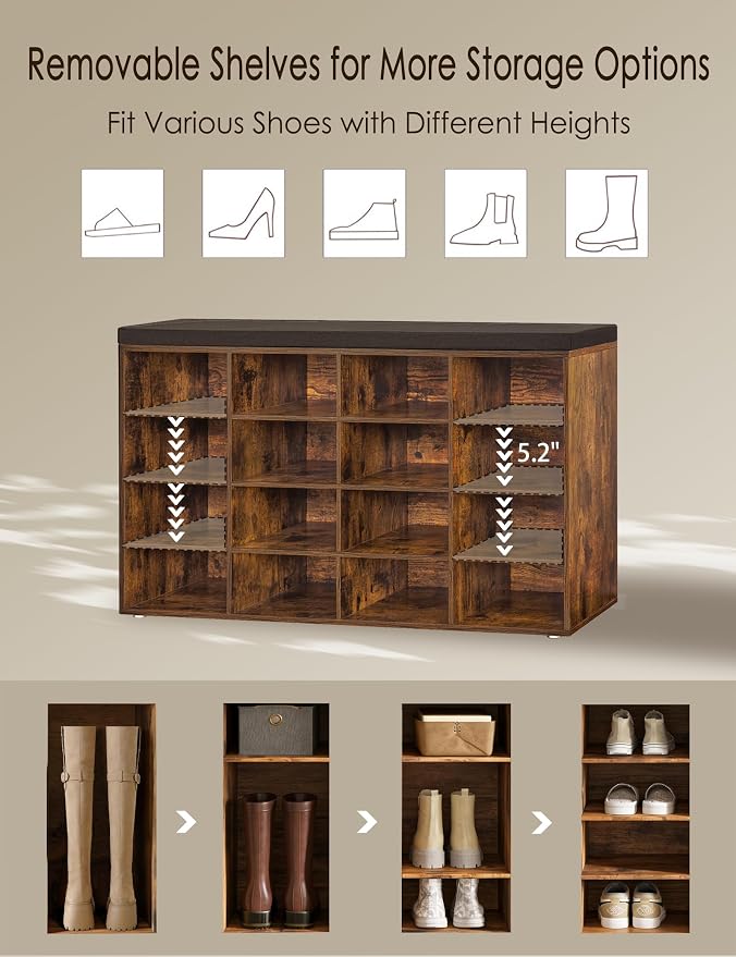 DINZI LVJ Shoe Storage Bench with Cushion, 16-Cubby Shoe Rack, Adjustable Shelves, Multifunctional Shoe Organizer Bench for Entryway, Mudroom, Hallway, Living Room, Bedroom and Garage, Rustic Brown