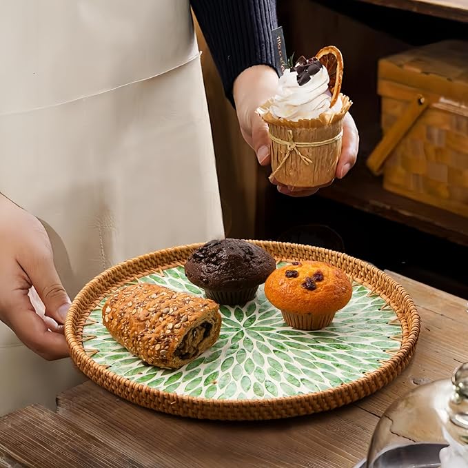 Round Rattan Tray with Mother of Pearl Inlay, Decorative Wicker Serving Tray with Wooden Base, Woven Basket Trays for Bread Fruits Coffee, Leaf