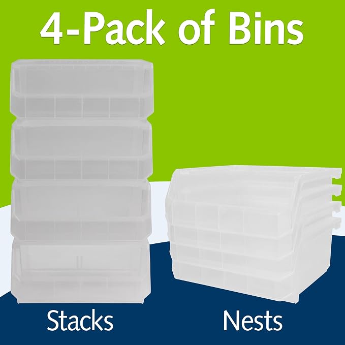 ReadySpace Plastic Containers for Organizing and Storage Bins for Drawers, Desks, Office Organization, and Garage, Stackable Bins, Medium-Wide (5" x 11" x 11"), 4-Pack, Clear