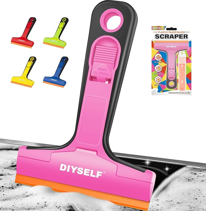 DIYSELF 1 Pack Plastic Razor Blade Scraper with 5 Pcs 4-Inch Plastic Razor Blades, Plastic Scraper Tool for Cleaning, Gasket and Decal Remover for Glass, Stovetop, Labels, Stickers & Paint Removal
