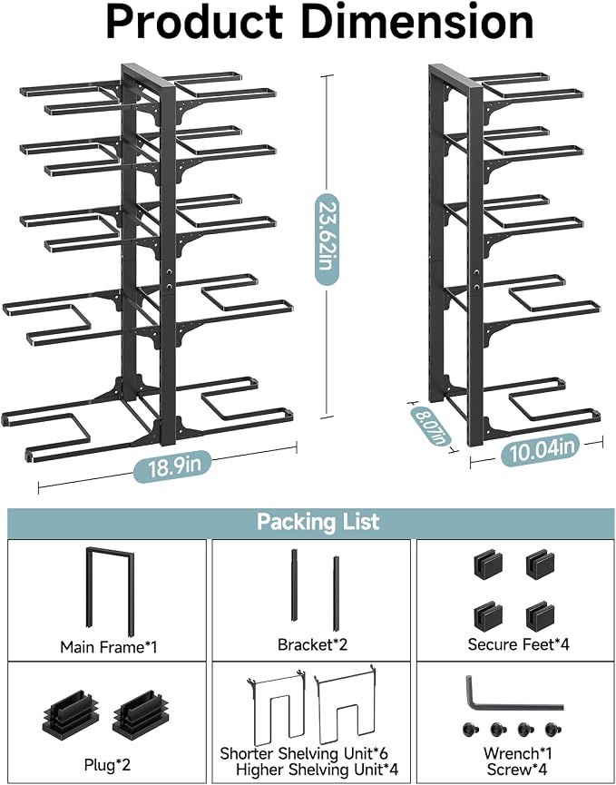 MUDEELA Pots and Pans Organizer Rack under Cabinet 23.62" Height, 10-Tier Adjustable Heavy Duty Pot and Pan Organizer Rack inside Cabinet for Kitchen Organizer Cast-iron Pans, Heavy Cookware