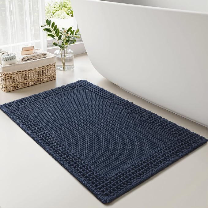 RESARE Waffle Bath Mat for Bathroom, Super Absorbent Bathroom Rugs Non Slip Machine Washable, Ultra Soft Quick Dry Boho Bath Rugs with Tassels, Farmhouse Home Decor Accessories, 24"x36" Navy