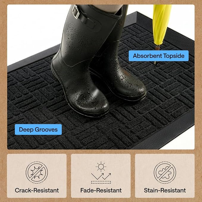 GORILLA GRIP 100% Waterproof All-Season WeatherMAX Doormat, 60x24, US Designed Natural Rubber, Stain and Fade Resistant, Low Profile Indoor Outdoor Door Mats, Easy Clean Patio Mat, Midnight Maze
