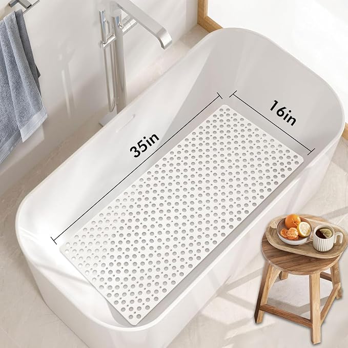 Tiamo TPE Bath Tub Mat Non Slip,35x16 inch Large Anti Slip Shower Mat for Inside Shower,Quick-Drying & Machine Washable Safety Bathtub Mat for Elderly Seniors,Suction Cups for Bathroom Floor,White