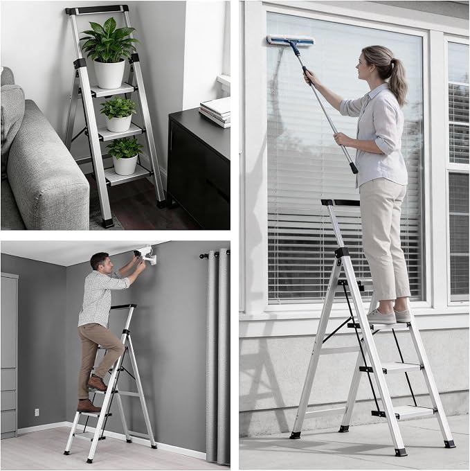 XinSunho 5 Step Ladder, Silver Aluminum Folding Stool with Retractable Handrails & Tool Tray, Anti-Slip, Sturdy Lightweight, 330lbs Safety Load for Kitchen Indoor Outdoor