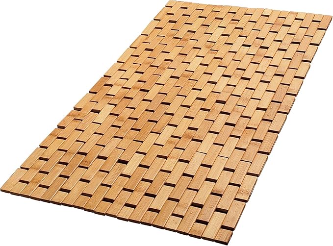 Bamboo Bath Mat - Foldable, 34x18-Inch Wood Bathmat for Bathroom Sauna Spa Door Kitchen Floor and Countertops - Modern Farmhouse Decor Accessory