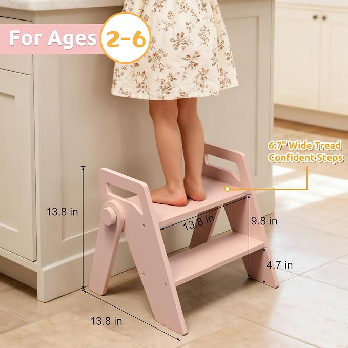 Wooden 2 Step Stool for Toddler Kids Bathroom Foldable 2-Step for Toilet Potty Training, Child Stepping Stool for Kitchen Nursery Bedroom Pink