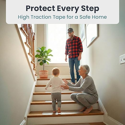 PELEGON Anti Slip Tape for Stairs Indoor (12 Stairs) 4"x24" Clear Grip Tape for Wood, Transparent Stair Grips with Roller, Fits Most Stair Surfaces, Non Slip Traction Strip for Seniors, Kids and Pets
