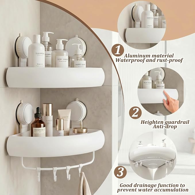 Corner Shower Caddy Suction Cup,2 Pack Cream White No-Drilling Shower Shelves,Rust Proof Shower Racks for Inside Shower with Removable Hooks and Towel Bar