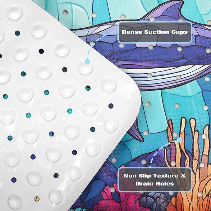 EAN Animals Bathtub Mat Non Slip, Sea Baby Bath Mat for Tub Rubber Tub Mat, Cute Toddler Kids Bath Mats for Bathroom Whale Anti Slip Shower Mat with Suction and Drain Holes Machine Washable, 40″x16″