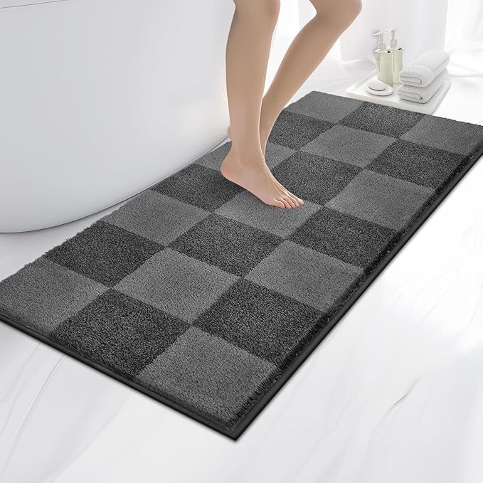 anllugs Bathroom Rugs 24" x 60", Non-Slip Extra Soft Absorbent Bath Rugs, Machine Washable Quick Dry Bath Mats for Bathroom Floor, Shower, Bathtub and Sink, Checkered Grey & Dark Grey