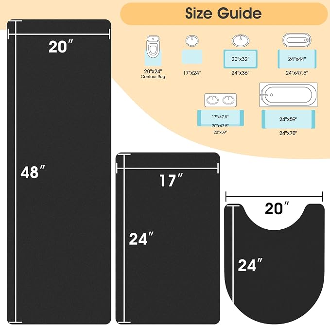 ACCUMTEK Non Slip Bath Mat, Thin Bathroom Rugs Fit Under Door, Quick Dry Bath Mats, Machine Washable Bath Rugs for Bathroom, Bathtub & Kitchen, Bathtub, Black/Solid/3 Piece