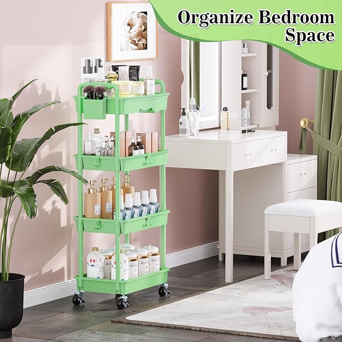 SUNALLY 4 Tier Rolling Utility Cart with Drawer, Storage Organizer Cart with 2 Lockable Wheels, Multifunctional Rolling Storage Cart for Bathroom, Kitchen, Craft, Makeup, Baby Essentials, Green