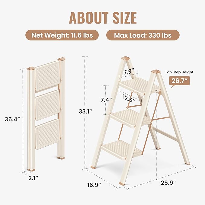 3 Step Ladder, 3 Step Stool for Adults, Folding Step Ladder with Secure Footing, Widened Pedal, Aesthetically Pleasing Looking, Blends Right into Domestic Rooms, Cream Chocolate