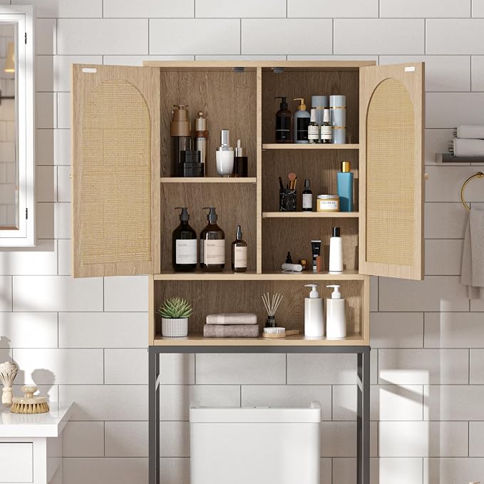 FiveWillowise Rattan Toilet Storage Cabinet, Over The Rack Wood Cabinet with Metal Stand, Bathroom Organizer with Adjustable Shelf, Tall Freestanding Washer Shelf, Small Cupboard, Natural