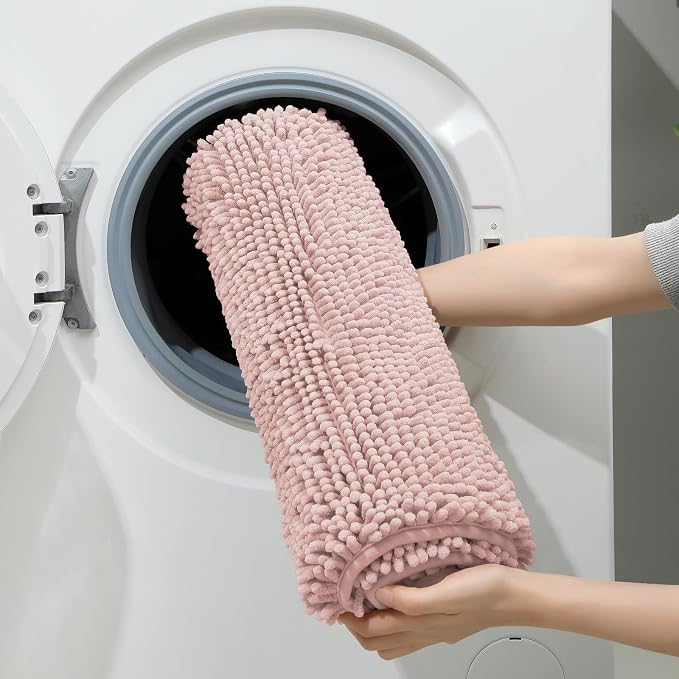 HOMEIDEAS 3 Pieces Bathroom Rugs, Extra Large Ultra Soft Non Slip Absorbent Chenille Toilet Bath Mat Set (Dusty Pink)