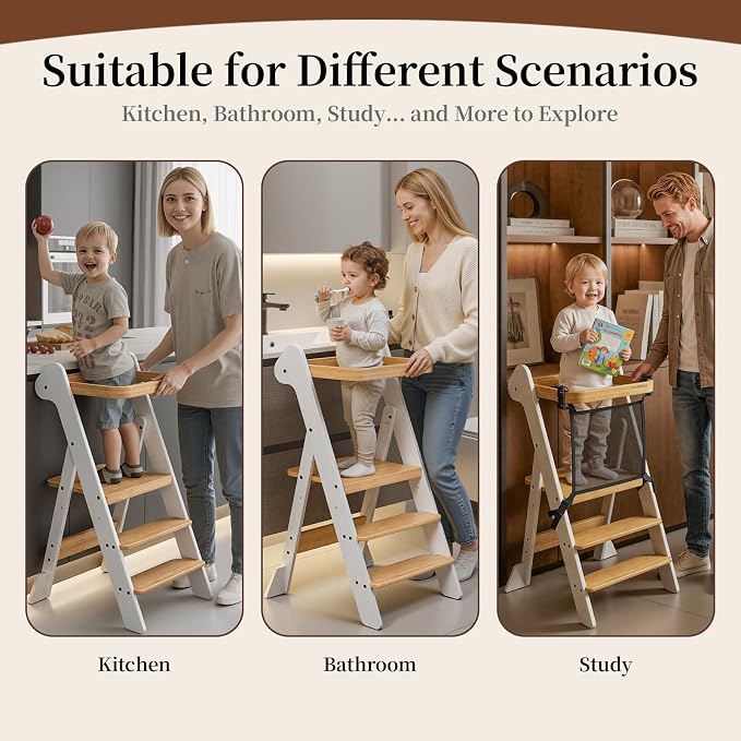 COSYLAND Foldable Standing Tower – IF Design Awarded Toddler Kitchen Step Stool with Safety Net & Large Side Support Legs– Height Adjustable Toddler Learning Helper Stool (White & Natural)-Foldi