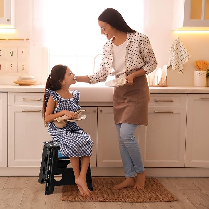 Korpai Folding Step Stool 13 inch,Stepping Stool for Adults and Kids Holds Up to 300 lbs,Non-Slip Kitchen Step Stool with Handle,Plastic Collapsible Stool for Bathroom,Kitchen ect,Black,1PC