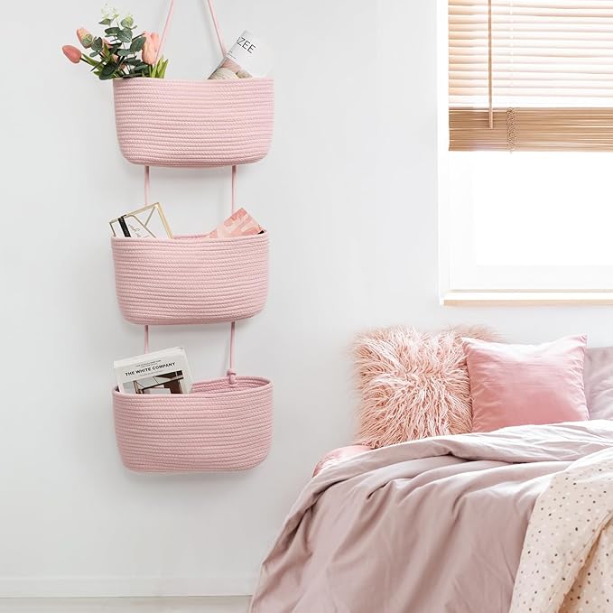 TeoKJ Over the Door Hanging Basket, 3-Tier Woven Cotton Wall-Mounted Storage Organizer Bag Decorative Hanging Nursery Baskets, Pink