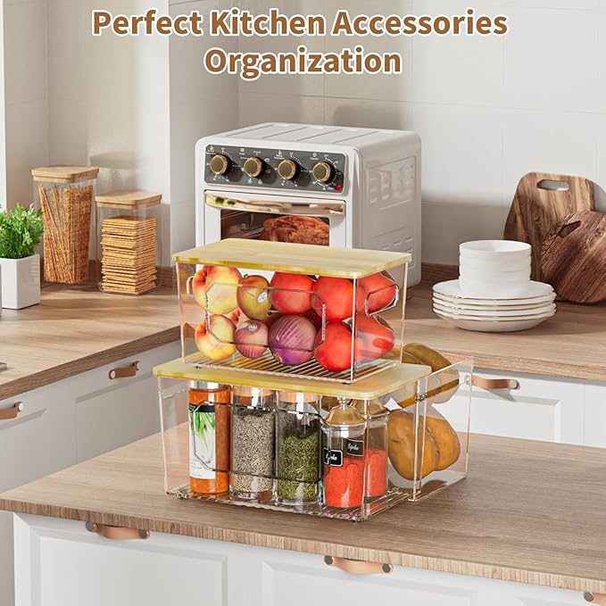 Trash Bag Holder 2-in-1 Under Sink Organizer, Acrylic Trash Bag Dispenser with Bamboo Lid and Pull-Out Basket for Cleaning Supplies, Space Saving Garbage Bag Holder for Kitchen Laundry Room Storage