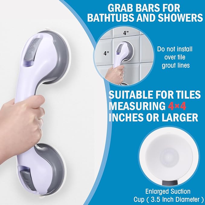 AceOrbit 6 Pack 12 Inch Shower Grab Bars for Bathtubs and Showers Suction Cup Shower Handles for Seniors Elderly Handicap Safety Handrails Removable No Drilling Heavy Duty Bathroom Grips(Gray)
