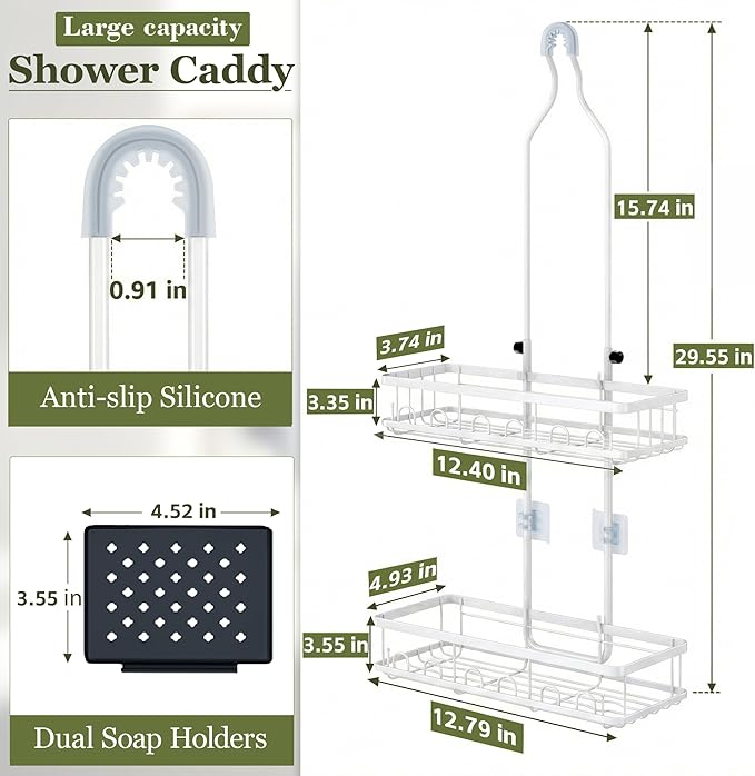 Skyapex Shower Caddy Hanging: Adjustable Height Organizer for Over Showerhead - Rustproof Shower Shelves with Hooks & 2 Soap Holders, White