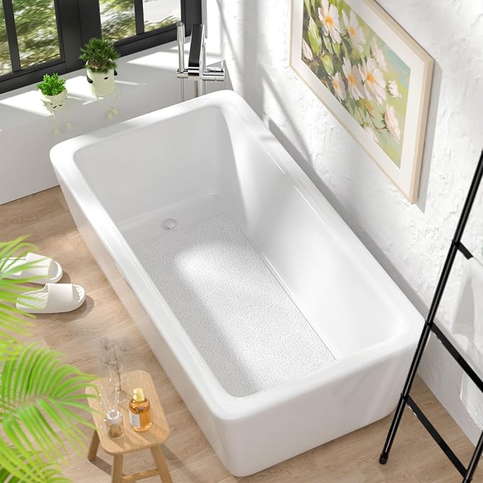 HITSLAM Bathtub Mat Non Slip, 35 x 16 Inch Long Soft PVC Loofah Shower Mat, Bath Mat for Tub Without Suction Cups, Quick Drying Bath Tub Mat for Shower and Bathroom, Easy to Clean, White