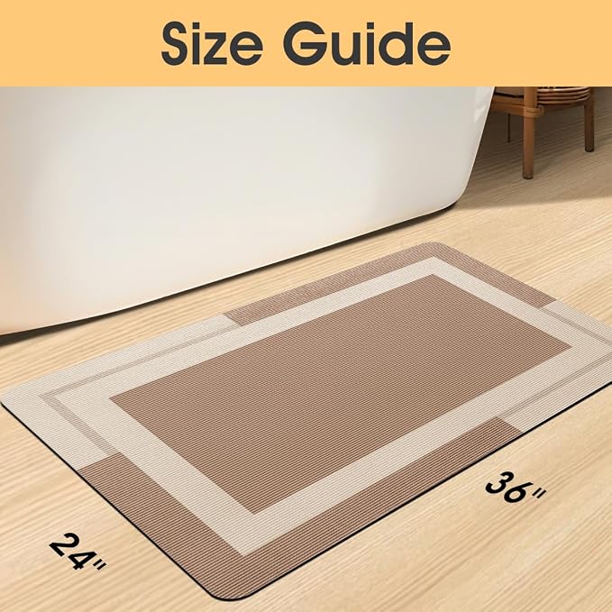 ACCUMTEK Non Slip Bath Mat, Thin Bathroom Rugs Fit Under Door, Quick Dry Bath Mats, Machine Washable Bath Rugs for Bathroom, Bathtub & Kitchen, Bathtub, Light Brown/Bordered/36 x24