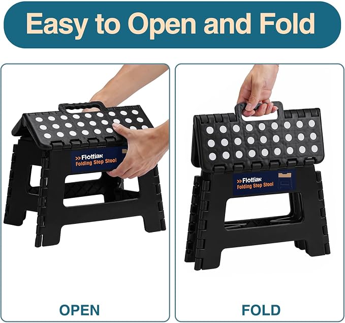 Flottian 9" Folding Step Stool for Adults and Kids Holds Up to 300 lbs,Non-Slip Folding Stools with Portable Handle, Compact Plastic Foldable Step Stool for Bathroom,Bedroom, Kitchen Black