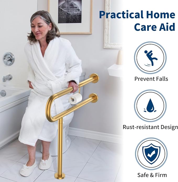 Toilet Grab Bar with Leg 31.5x28 Inch, ZUEXT Brushed Gold Knurled Toilet Support Bar with Toilet Paper Holder,Stainless Steel Wall & Floor Mounted Bathroom Support Rail for Seniors Disabled Pregnant
