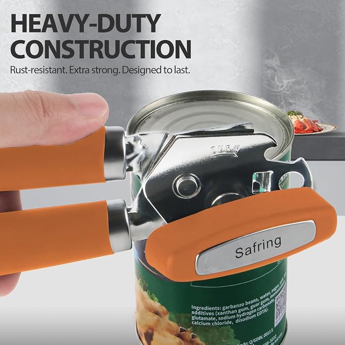 Safring Can Opener Manual, Heavy Duty Handheld Strong Can Opener with Soft Touch Handle, Sharp Blade Smooth Edge, Can Openers with Multifunctional Bottle Opener, Orange