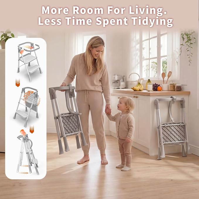 Toddler Step Stool Foldable, Kids Step Stools for Kitchen Counter, Foster Independence Learning Stool with Safety Guards&Net, Toddler Sturdy Standing Tower Kitchen Helper, Grey