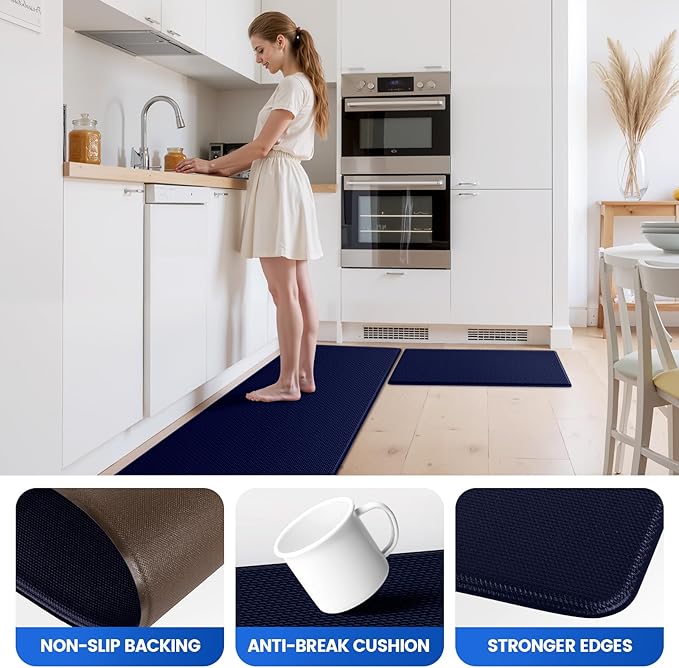 KitchenClouds Kitchen Mats for Floor,3PCS Kitchen Rugs,Non Slip Anti Fatigue Mats for Kitchen Floor,Waterproof Sink Mat,Cushioned Standing and Comfort Mats for Office,Blue