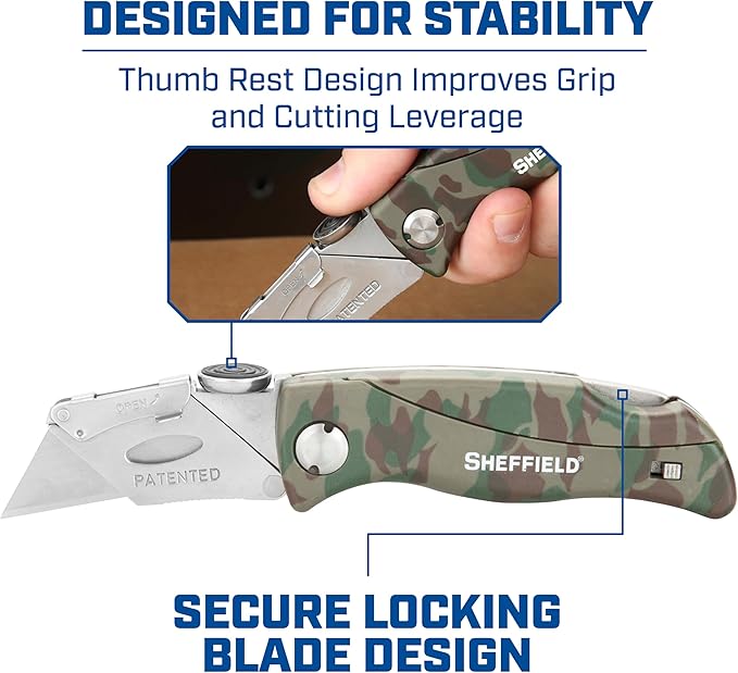 Sheffield Folding Utility Knife, Accepts Standard Utility Knife Blades, Box Cutter, Razor Blades Included, For Home, Office, Trades, and Warehouse