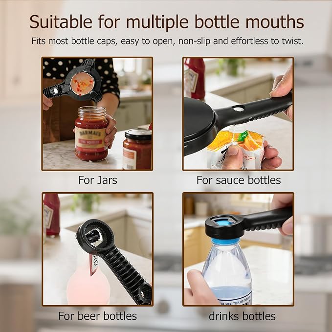 4-in-1 Jar Opener, Adjustable Jar Opener for Seniors, Kitchen Tool Designed Specifically for Seniors and Those with Limited Physical Strength, Suitable for Beer, Salad Dressing, Jar (Black)