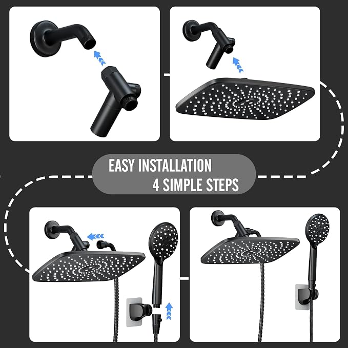 Veken 11.8 Inch Rain Shower Head with Handheld- High Pressure Dual Shower Heads with 5 Modes Hand held Spray Combo- Wide Rainfall Showerhead with Hose, Bathroom Accessories, Matte Black