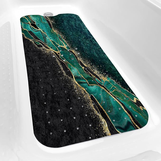 Bathtub Mat Non Slip, 40x16 inch Bath and Shower Safety Mats, Green and Gold Marble Tub Mat for Bathroom, Tub Shower Mat with Drain Holes and Suction Cups