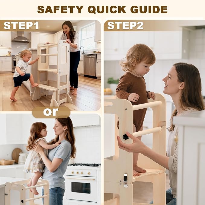 4-in-1 Toddler Kitchen Step Stool, Foldable Learning Standing Tower with Whiteboard, Wooden Kitchen Stool Helper for Kids, 1-3 Year Old Boy Girl Gifts