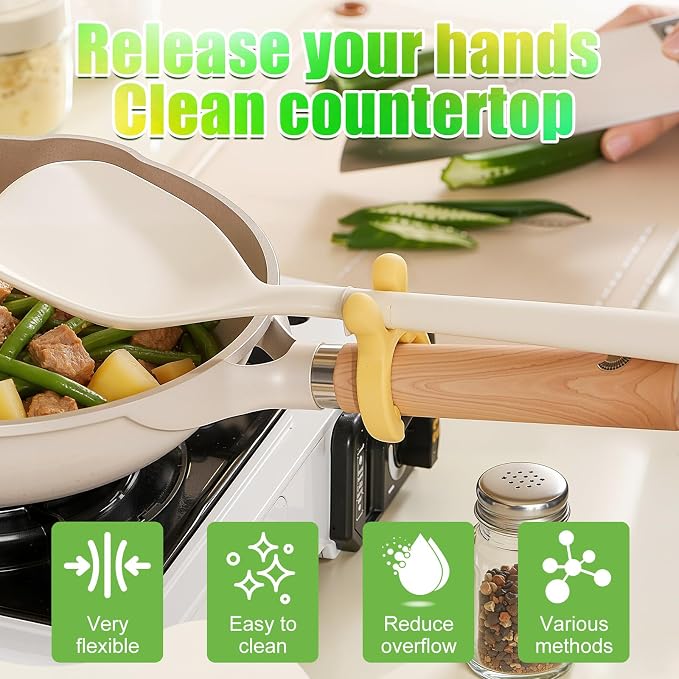 2026 New Multifunction Silicone Pot Handle Spatula Rack, 3 Pack Spatula Holder Mini Kitchen Gadgets, Non-Slip Anti Scalding Pot Clip, Drip-Free Design for Pot Pans (White + Green + Yellow)