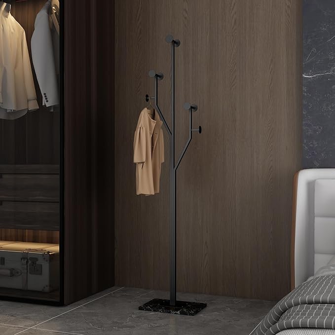 JIAYUEJU Freestanding Coat Rack Tree-shaped Metal Coat Tree with Heavy Duty Marble Base Corner Clothing Rack for Bedroom Entryway Hallway 14.96 x 10.24 x 68.9 Inches (Black)