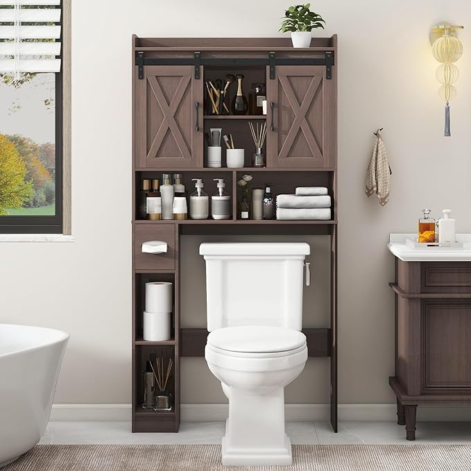 Vabches Over The Toilet Storage Cabinet, Farmhouse Storage Cabinet Over Toilet with Sliding Doors & Toilet Paper Holder Stand，Home Space-Saving Toilet Rack, for Bathroom, Laundry and Restroom