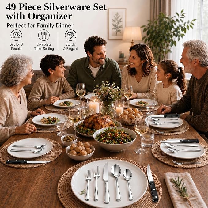 49-Piece Silverware Set with Organizer, Stainless Steel Flatware Utensils Set for 8, Forks and Spoons Silverware Set Cutlery Set with Steak Knives, Dishwasher Safe